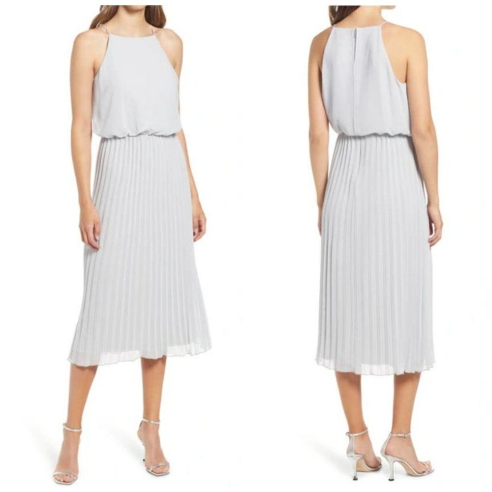 Sam Edelman Sleeveless Pleated Midi Dress in Silver Grey